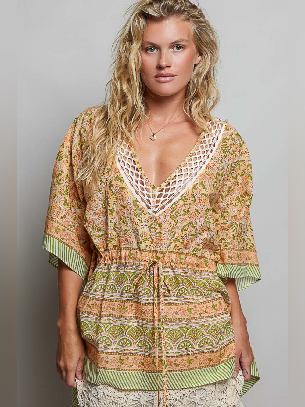 #3 POL Peach and Green Floral Crochet V-Neck Swim Coverup